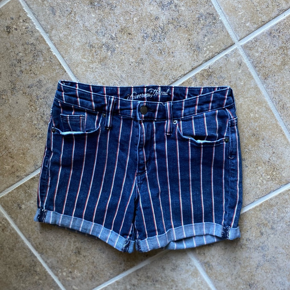 Universal Thread - Woman’s blue/orange/white denim low rise shorts, Size: 2